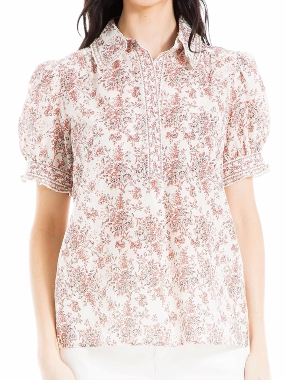 Max Studio Floral Cottage Blouse Peter Pan Collar Top Puff Sleeve Coquette